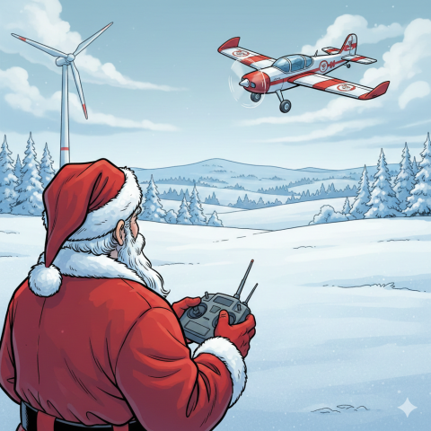 Weihnachtsmann steuert Modellflugzeug vor verschneiter Landschaft mit Windrad.